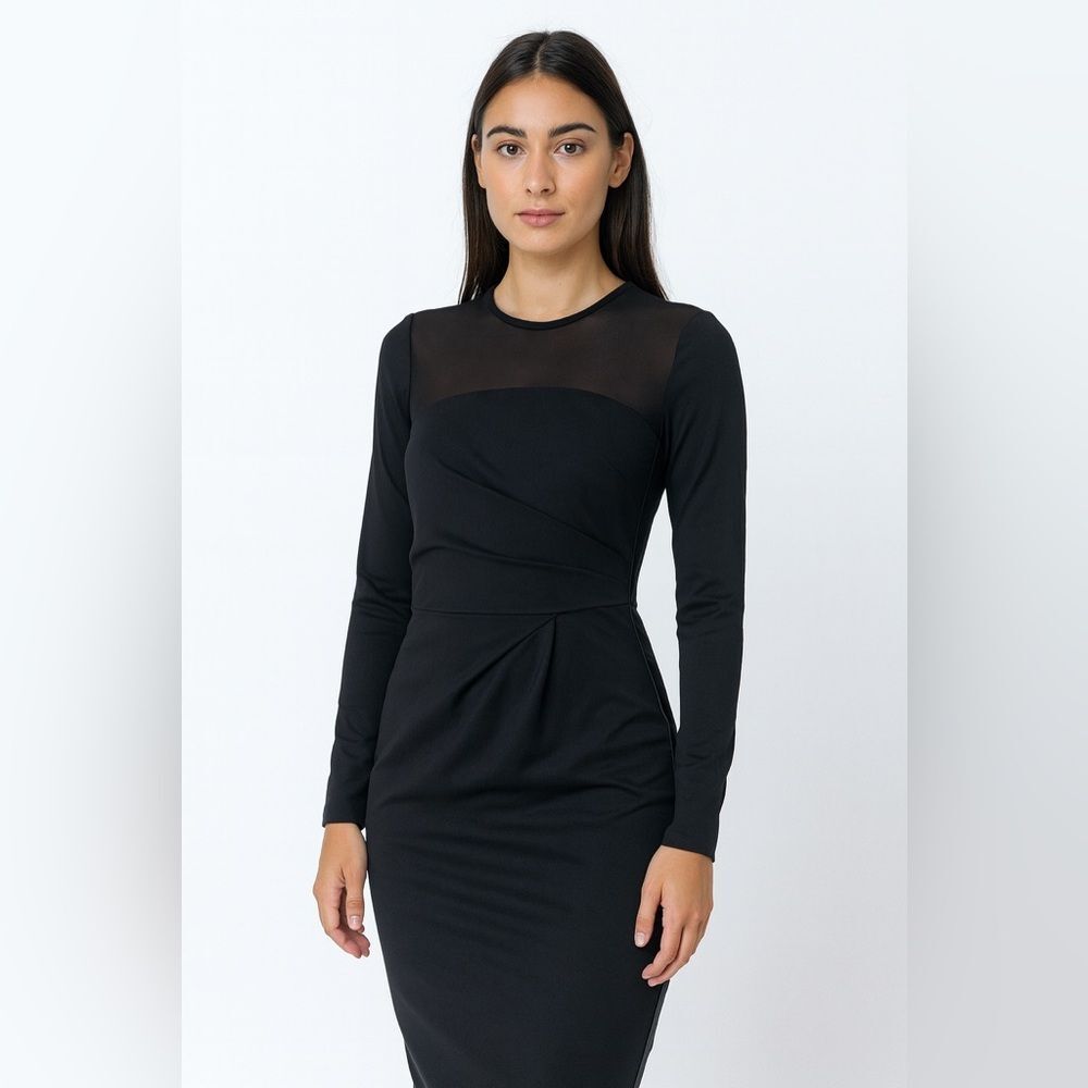 Max Mara Black Sheath Dress Sheer Shoulder Sleeve Leather Trim Made in Italy